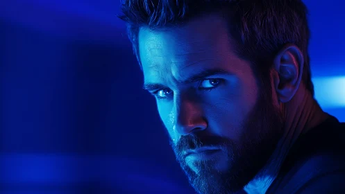 Cinematic male portrait under neon blue directional lighting