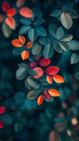 Radiant autumn leaves glow gently against deep teal foliage