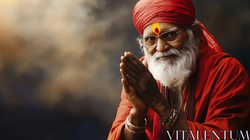 Warmly smiling elder in red robes offering gentle blessing.