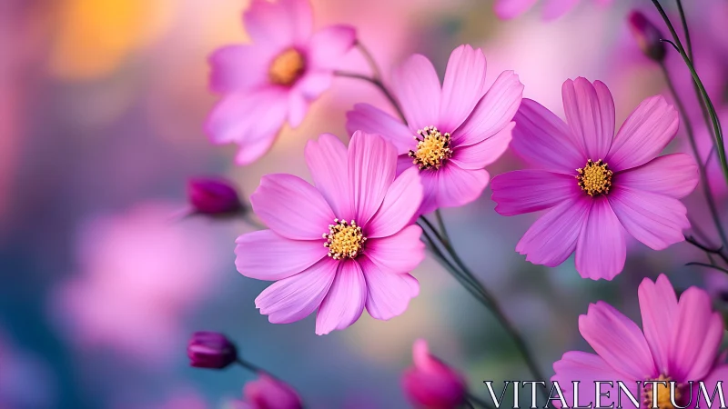 Macro Photography of Pink Cosmos Flowers with Golden Centers.
