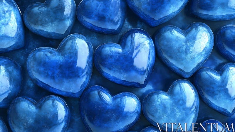 Blue glass hearts arranged in close composition.