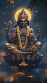 Divine blue deity seated on glowing golden lotus throne.