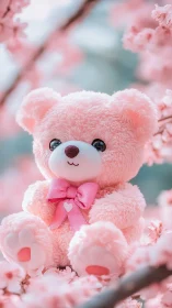 Pastel plush teddy bear posed among soft-focus cherry blossoms