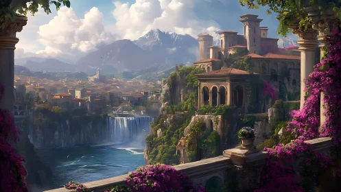 Sunlit cliffside city with waterfalls and blooming terraces.