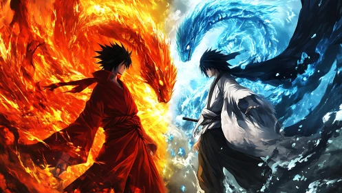 Elemental warriors stand locked between fire and water.