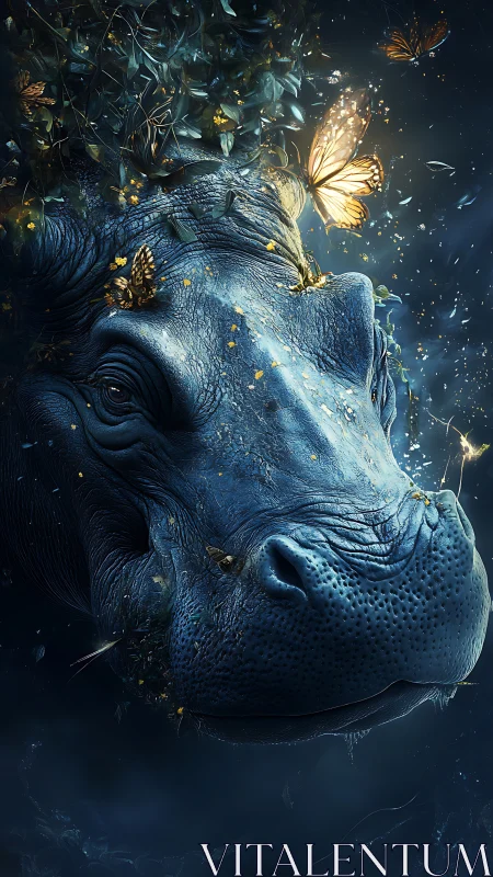 Moonlit hippo dream draped in butterflies and river light.