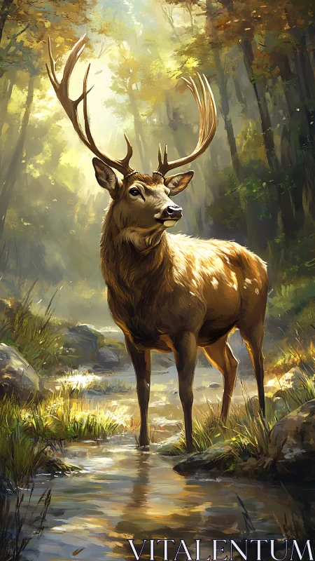 Male deer standing in shallow forest stream under sunlight.