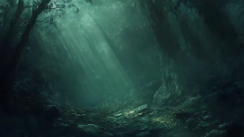 Verdant Cathedral: Light Pierces Ancient Forest Gloom.