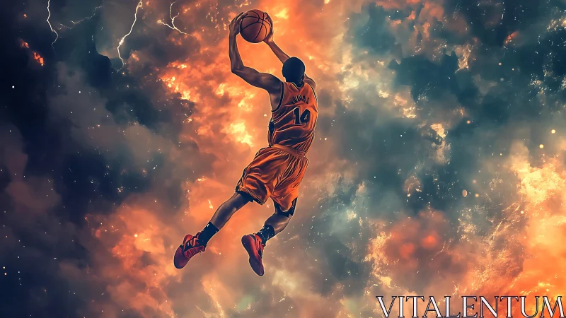 Basketball player midair dunk amid cosmic storm clouds