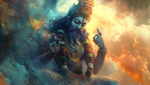 Divine bearded deity amid clouds in vivid digital art.