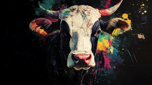 Expressive bull portrait in neon splatter digital painting.