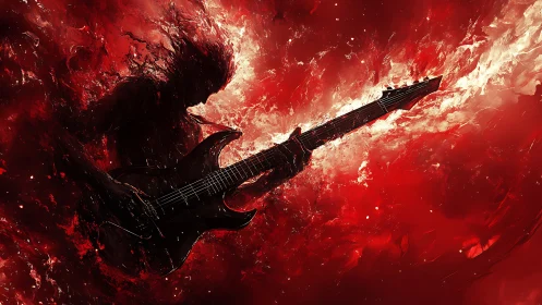 Guitarist silhouette dissolves into red inferno of sound.