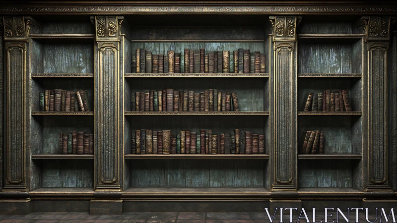 Digital 3D rendering of ornate vintage library bookcase.