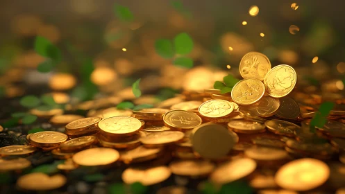 Gold coins scatter across lush clover field in glow.