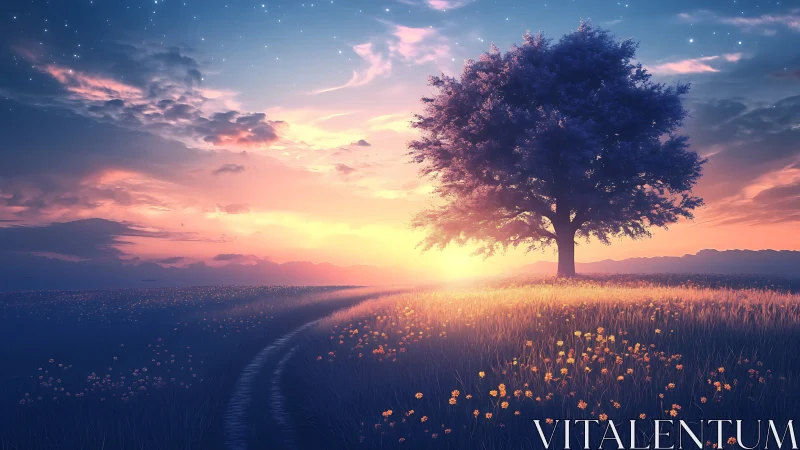 Solitary meadow tree under luminous sunset sky.