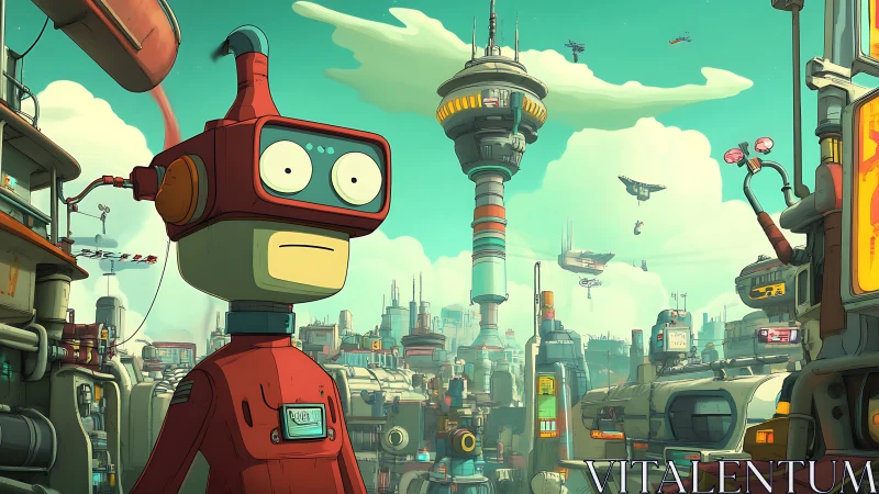 Retro robot observes dense futuristic cityscape in daylight