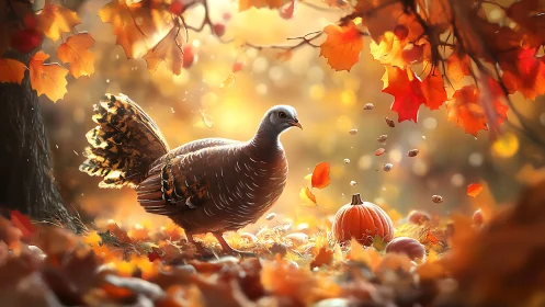 Autumn turkey explores a glowing forest of falling leaves