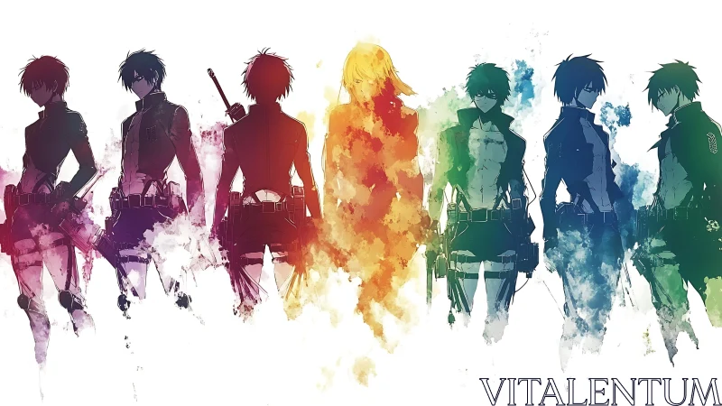 Silhouetted anime fighters in multicolor watercolor row.