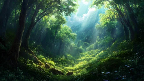 Luminescent Forest Canyon With Atmospheric Light Rays.