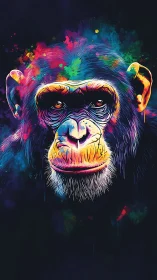 Color-splashed chimpanzee portrait glows against deep night