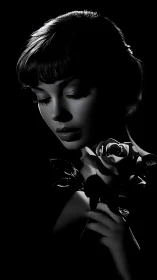 Softly lit woman with rose in a timeless black backdrop.