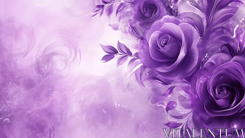 Abstract floral composition with purple roses and ethereal backgrounds.