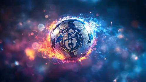 Fiery blue energy engulfs metallic soccer ball in motion.