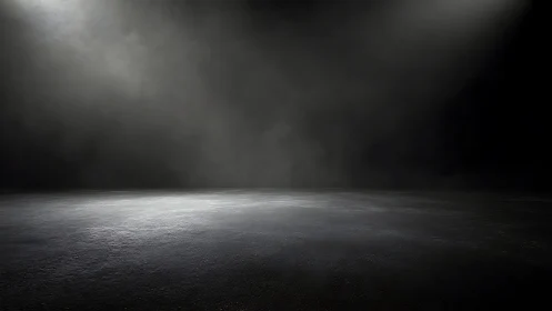 Empty dark stage under single dramatic spotlight glow.