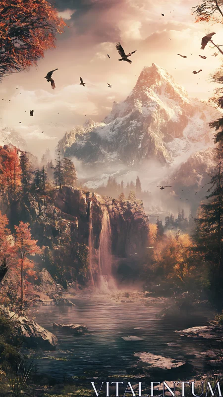 Golden mountain waterfall refuge wrapped in gentle autumn light.