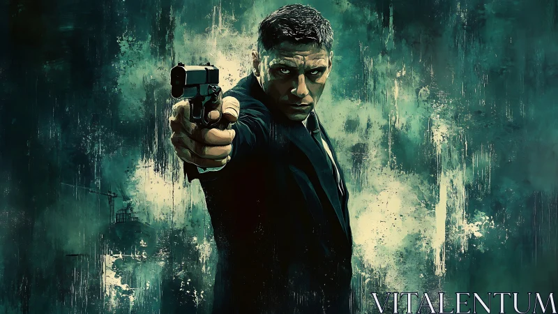 Man in suit aiming handgun against dark abstract backdrop.