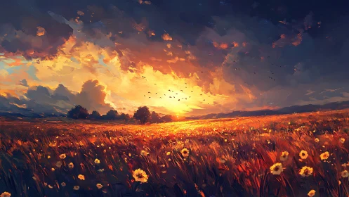 Sunlit field extends toward distant horizon under dense clouds