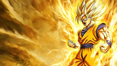 Blazing anime hero unleashes a golden storm of fierce power