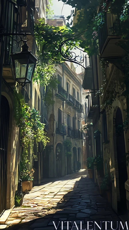 Sunlit old town alley breathes calm through hanging greenery
