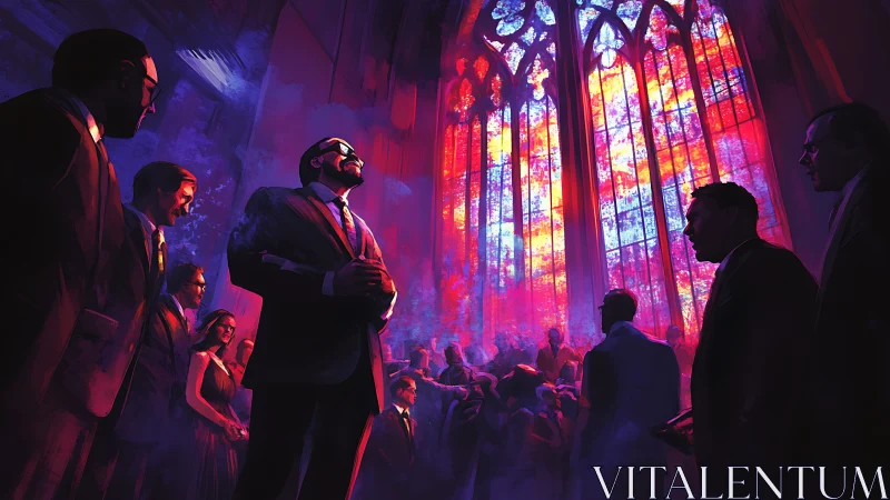 Suits in cathedral nave under saturated stained glass volumetric light