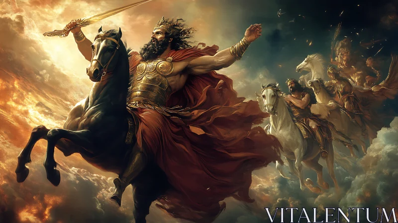 Mythic armored horsemen advancing through clouded sky.