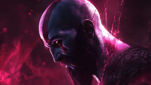 Profile of bald bearded warrior in red digital lighting.