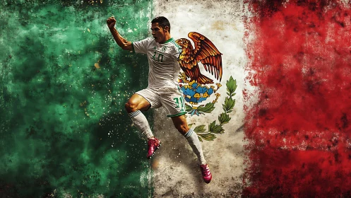 Mexican soccer player jumping in front of national flag.