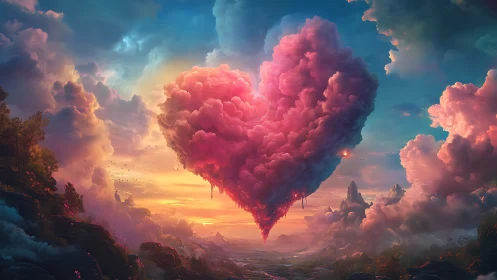 Massive heart-shaped cloud formation suspended above surreal landscape