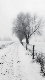 Minimalist winter lane with receding trees in soft monochrome.