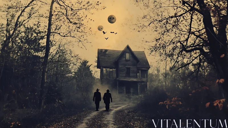 Surreal digital painting of haunted woodland house approach.