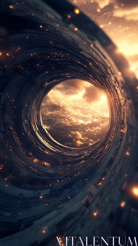 Cylindrical orbital gateway framing luminous stratocumulus sky