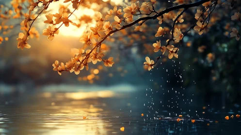 Golden blossoms over gentle water at a dreamy sunset.