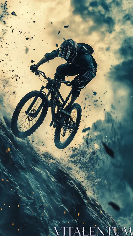 Mountain biker descends steep rocky slope amid flying debris