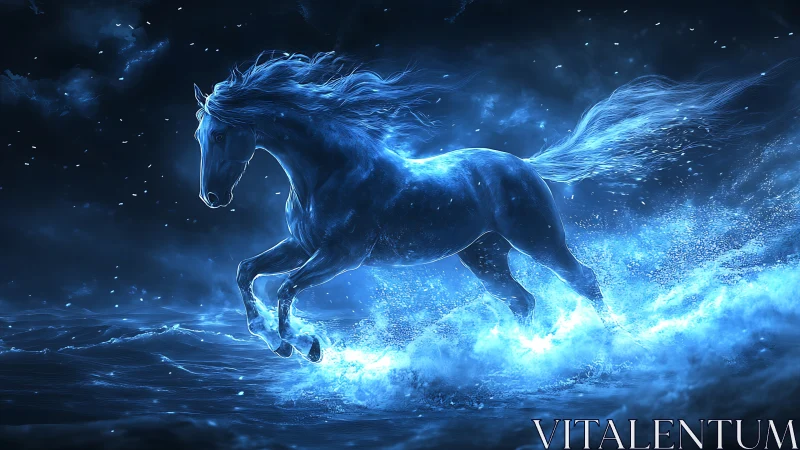 Luminous spirit horse charges through a stormlit ocean night