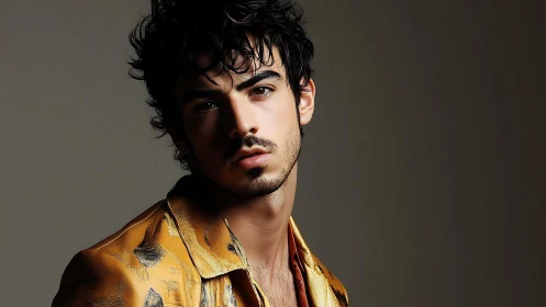 Moody male portrait in silky gold patterned shirt study.