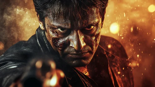 Battle-scarred man glares through sparks in fiery darkness