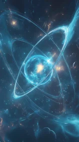 Glowing atomic orb anchors a swirling cosmic energy field.