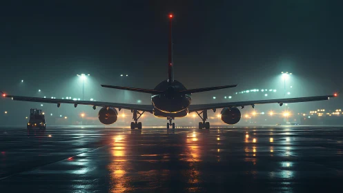 Passenger jet on wet runway at night under airport lights.