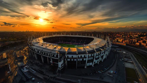 Elliptical urban stadium under stratified sunset skyscape.