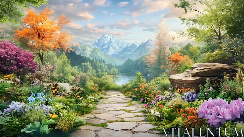 Stone path to skybright peaks through enchanted garden bloom.